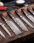 8-Piece Damascus Kitchen Knife Set | 58+ HRC Stainless Steel | Wood Handles