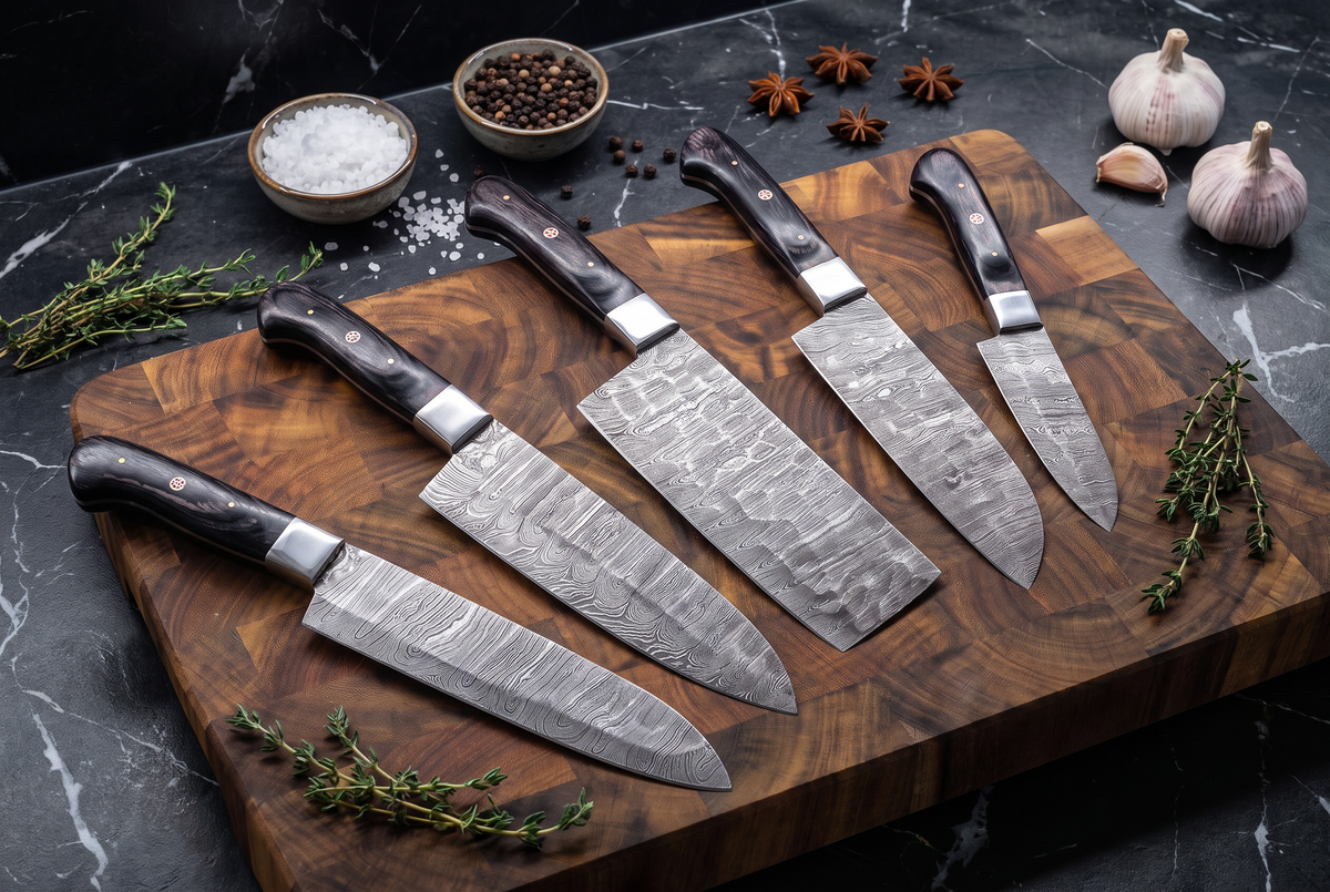 5-Piece Hand-Forged Damascus Steel Knife Set | Chef, Santoku, Cleaver, Utility &amp; Bread Knives