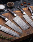 5-Piece Hand-Forged Damascus Steel Knife Set | Chef, Santoku, Cleaver, Utility & Bread Knives