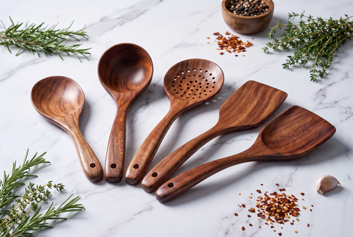 5-Piece Acacia Wood Kitchen Utensil Set | Natural Wood | Hanging Storage