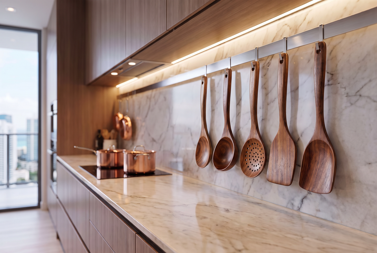 5-Piece Acacia Wood Kitchen Utensil Set | Natural Wood | Hanging Storage