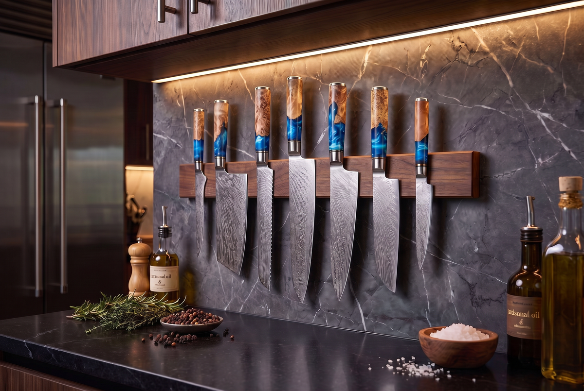 7-Piece Damascus Kitchen Knife Set | VG10 67-Layer Steel | Blue Resin &amp; Wood Handles