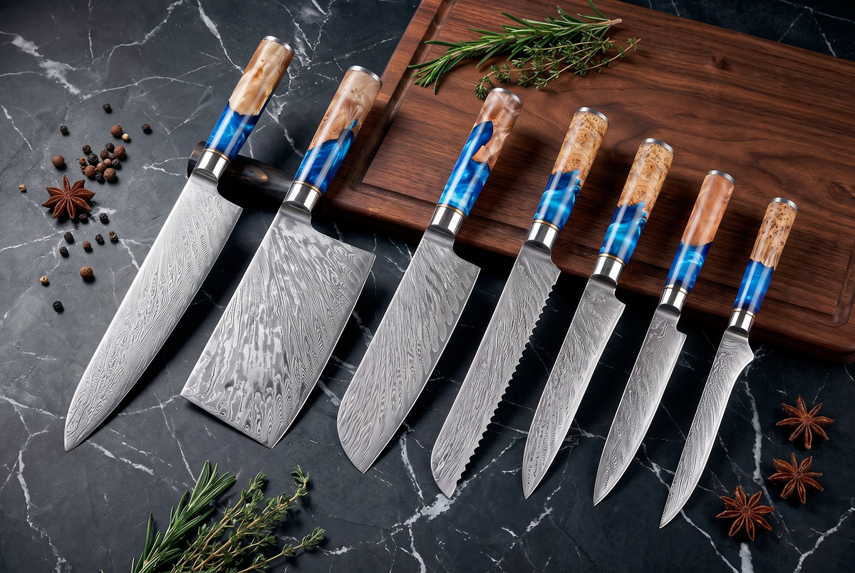 7-Piece Damascus Kitchen Knife Set | VG10 67-Layer Steel | Blue Resin &amp; Wood Handles