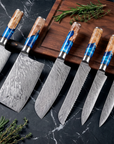 7-Piece Damascus Kitchen Knife Set | VG10 67-Layer Steel | Blue Resin & Wood Handles