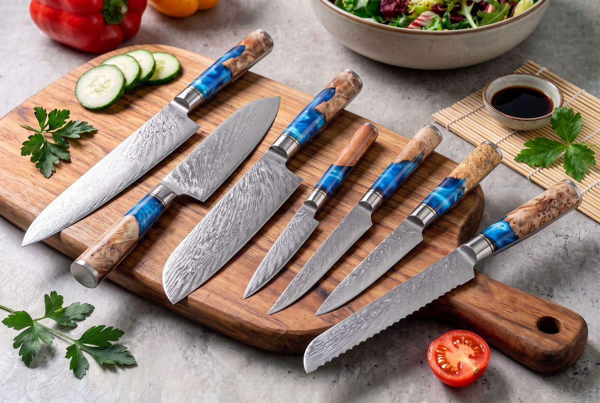 7-Piece Damascus Kitchen Knife Set | VG10 67-Layer Steel | Blue Resin &amp; Wood Handles