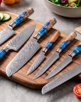 7-Piece Damascus Kitchen Knife Set | VG10 67-Layer Steel | Blue Resin & Wood Handles
