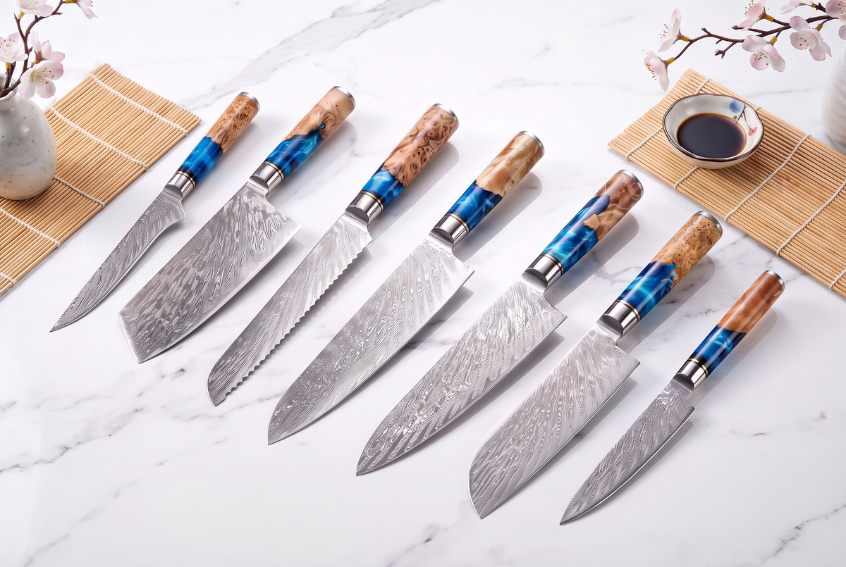 7-Piece Damascus Kitchen Knife Set | VG10 67-Layer Steel | Blue Resin &amp; Wood Handles