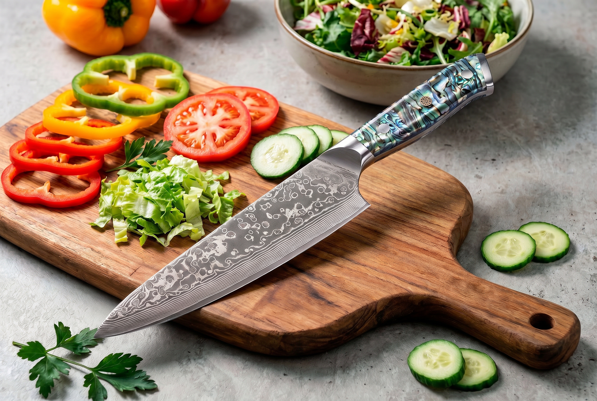 8" Damascus Santoku Chef Knife — VG10 67-Layer Steel, Abalone Shell Handle