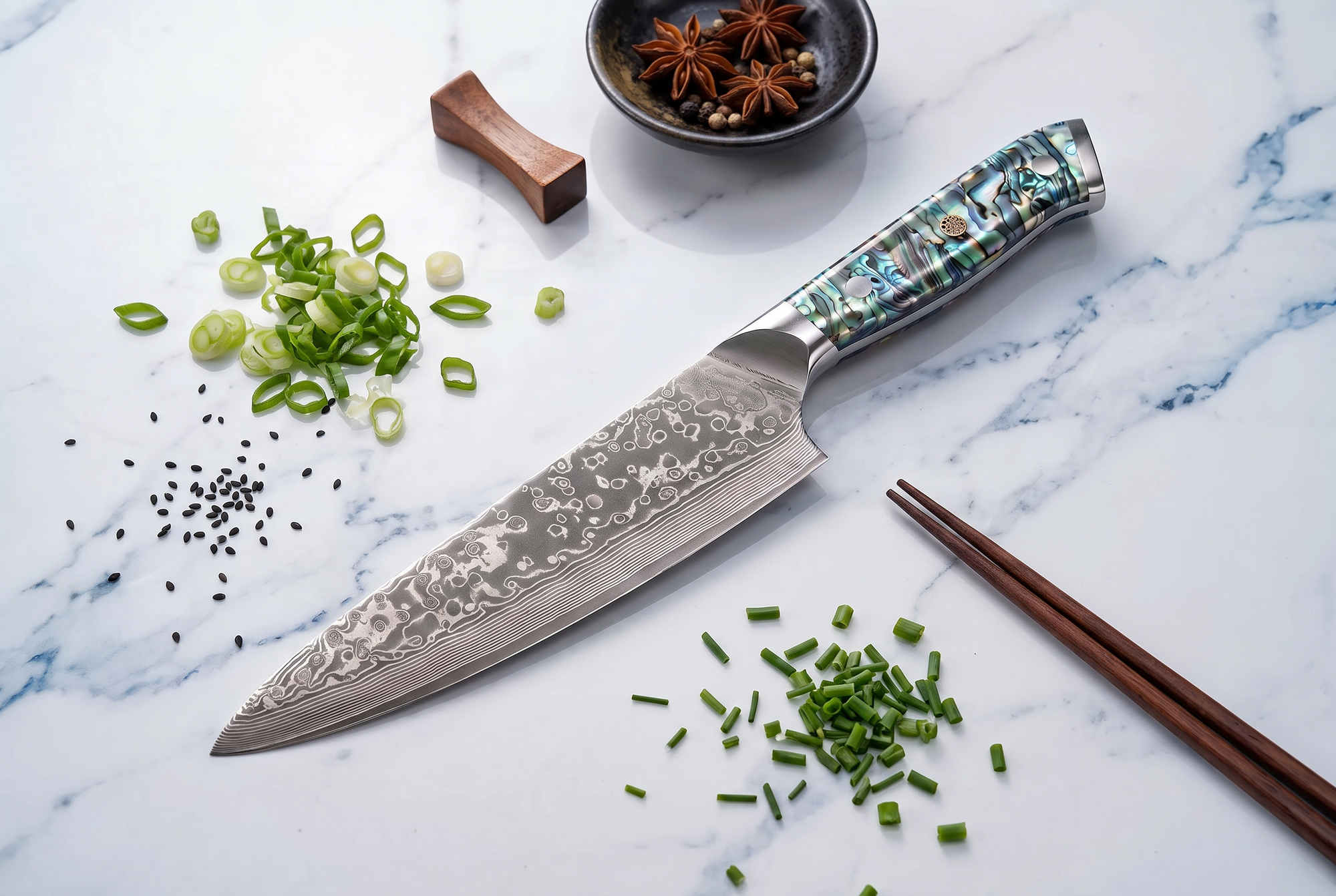 8" Damascus Santoku Chef Knife — VG10 67-Layer Steel, Abalone Shell Handle