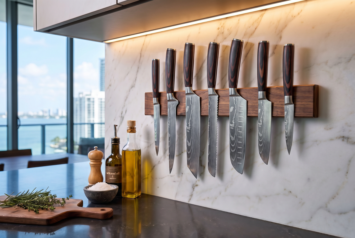 8-Piece Damascus Kitchen Knife Set | 58+ HRC Stainless Steel | Wood Handles