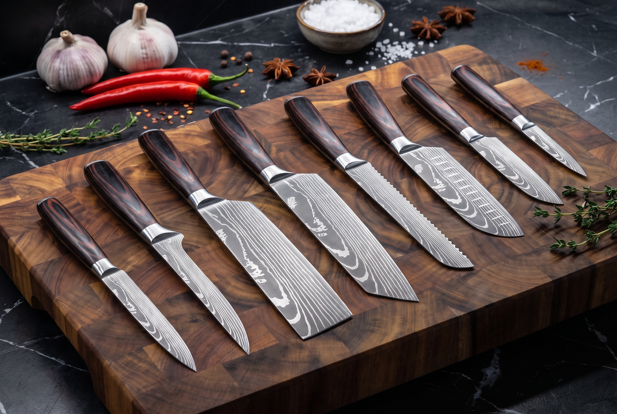 8-Piece Damascus Kitchen Knife Set | 58+ HRC Stainless Steel | Wood Handles