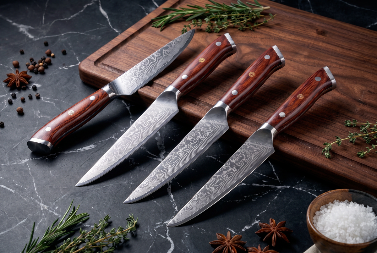 4-Piece Damascus Steak Knife Set | 67-Layer Damascus Steel | Wood Handles