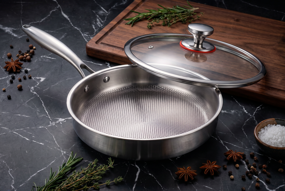 Titanium Frying Pan with Lid | Honeycomb Surface | Induction Compatible | Multi-Layer Construction