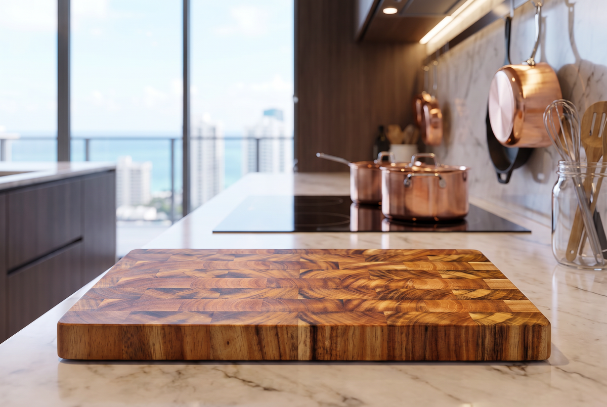 Acacia Cutting Board | End Grain Solid Wood Butcher Block | 1" Thick