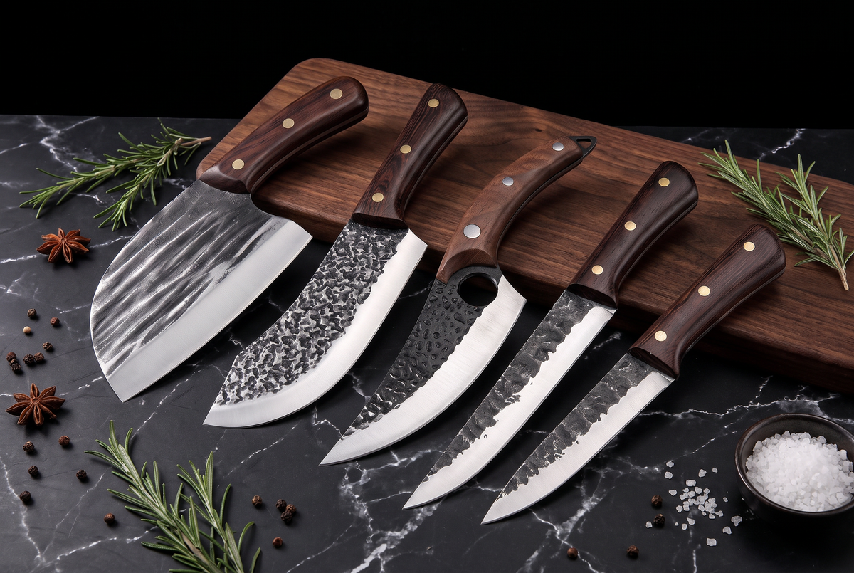 5-Piece Hand-Forged Knife Set | High-Carbon Steel | Hardwood &amp; Copper Rivet Handles