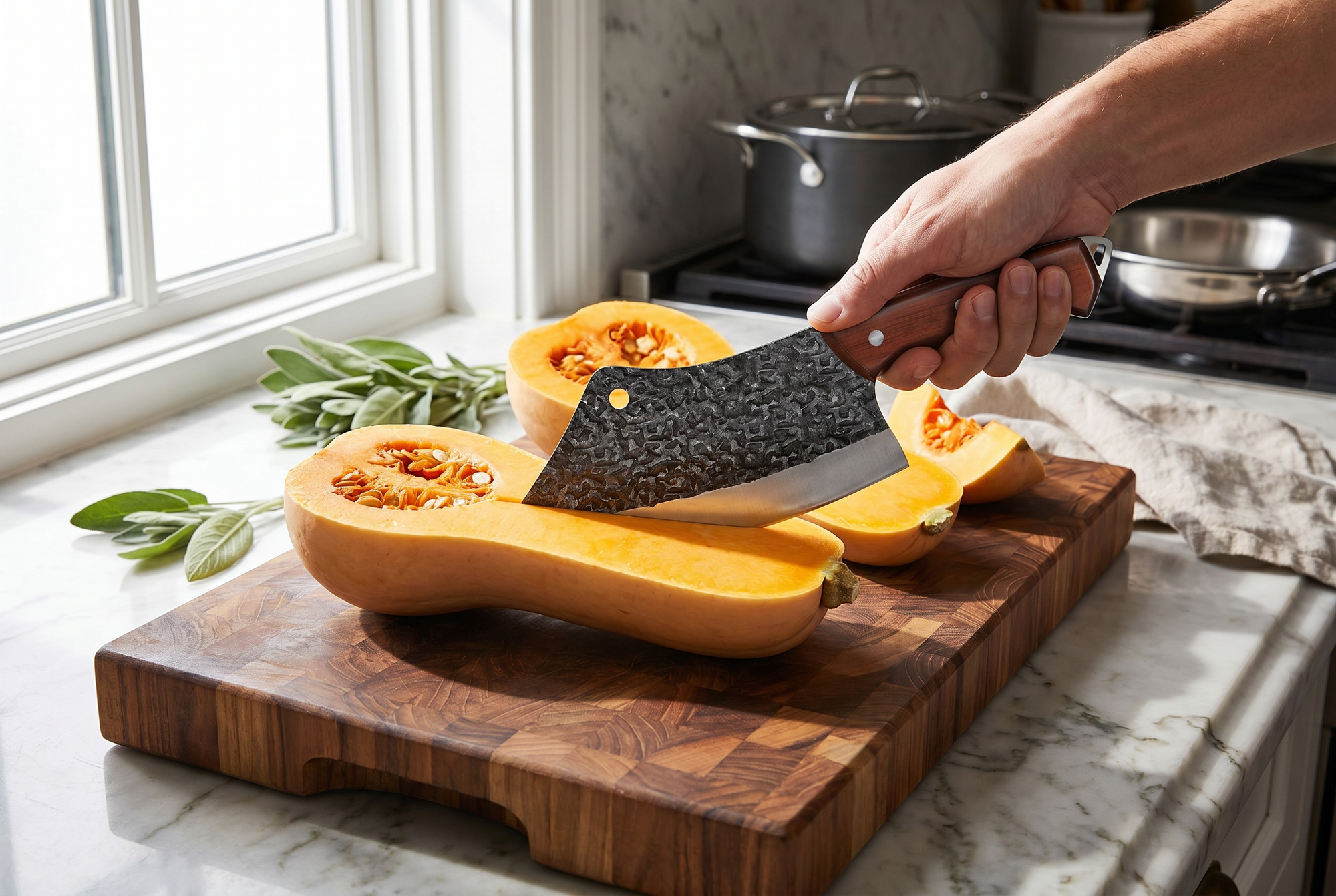 Hand Forged Butcher Chef Knife — High Carbon Steel, Hammered Finish