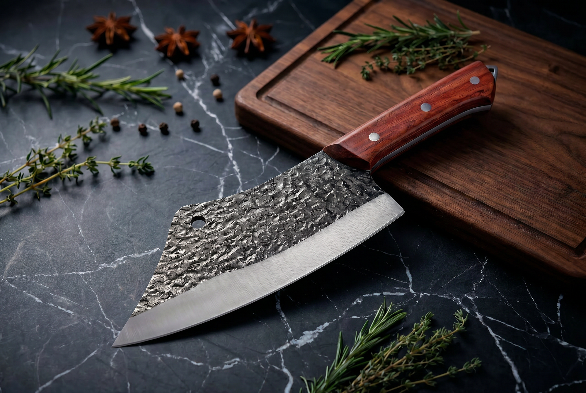 Hand Forged Butcher Chef Knife — High Carbon Steel, Hammered Finish