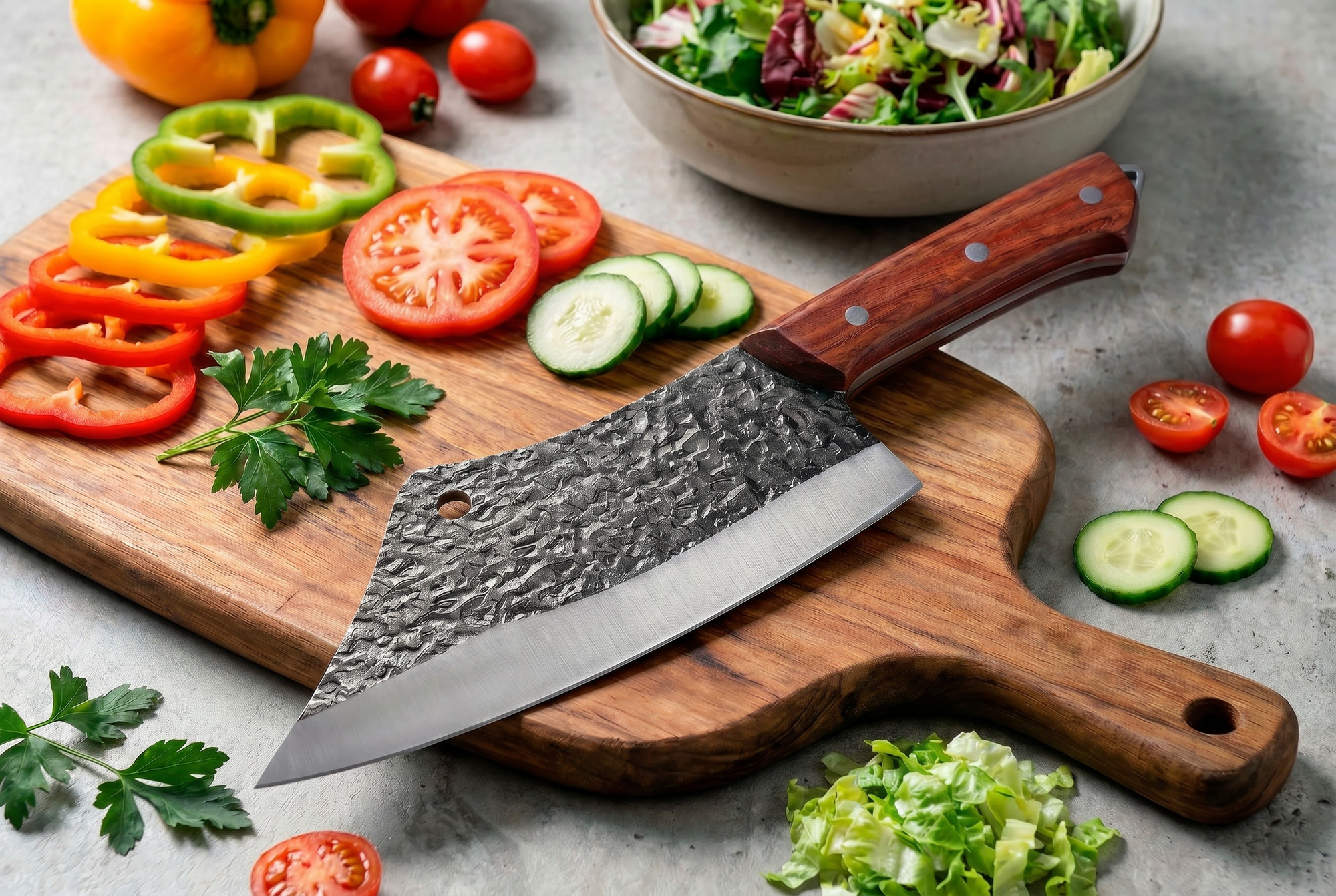 Hand Forged Butcher Chef Knife — High Carbon Steel, Hammered Finish