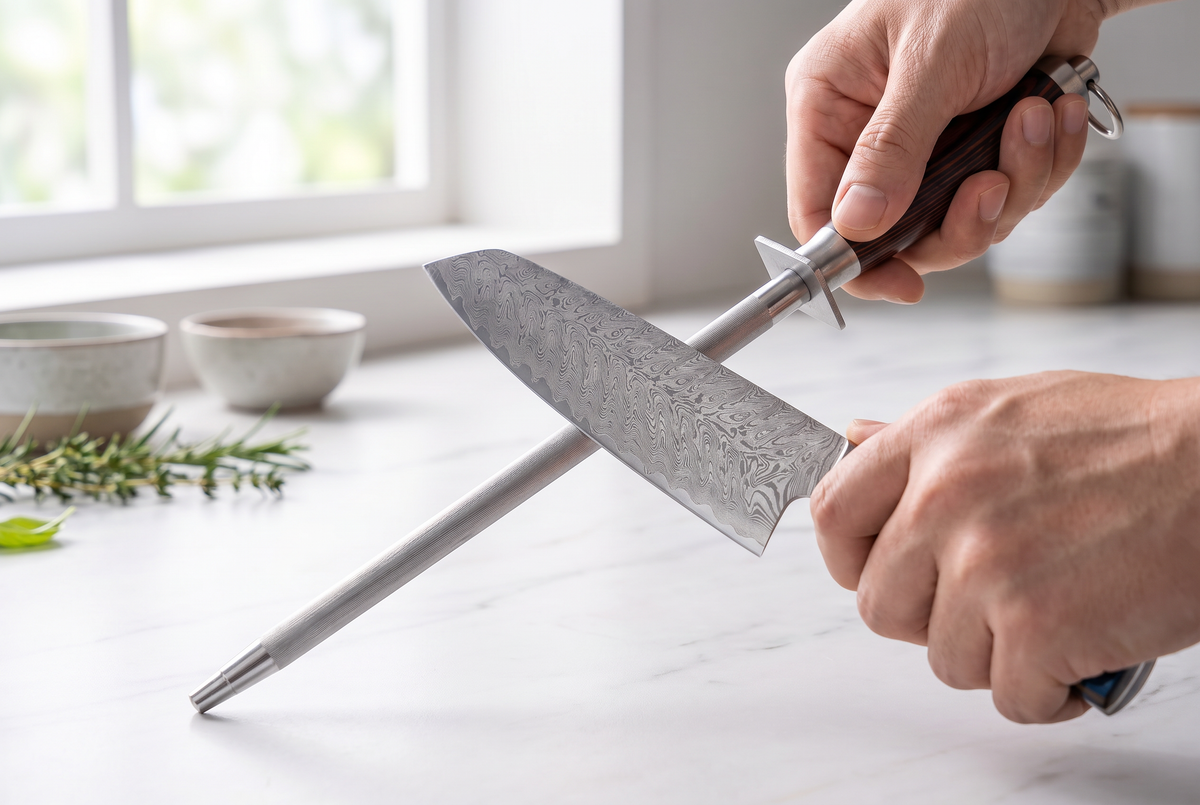 12" Knife Sharpening Rod | 65 HRC Magnetic Honing Steel | Wood Handle
