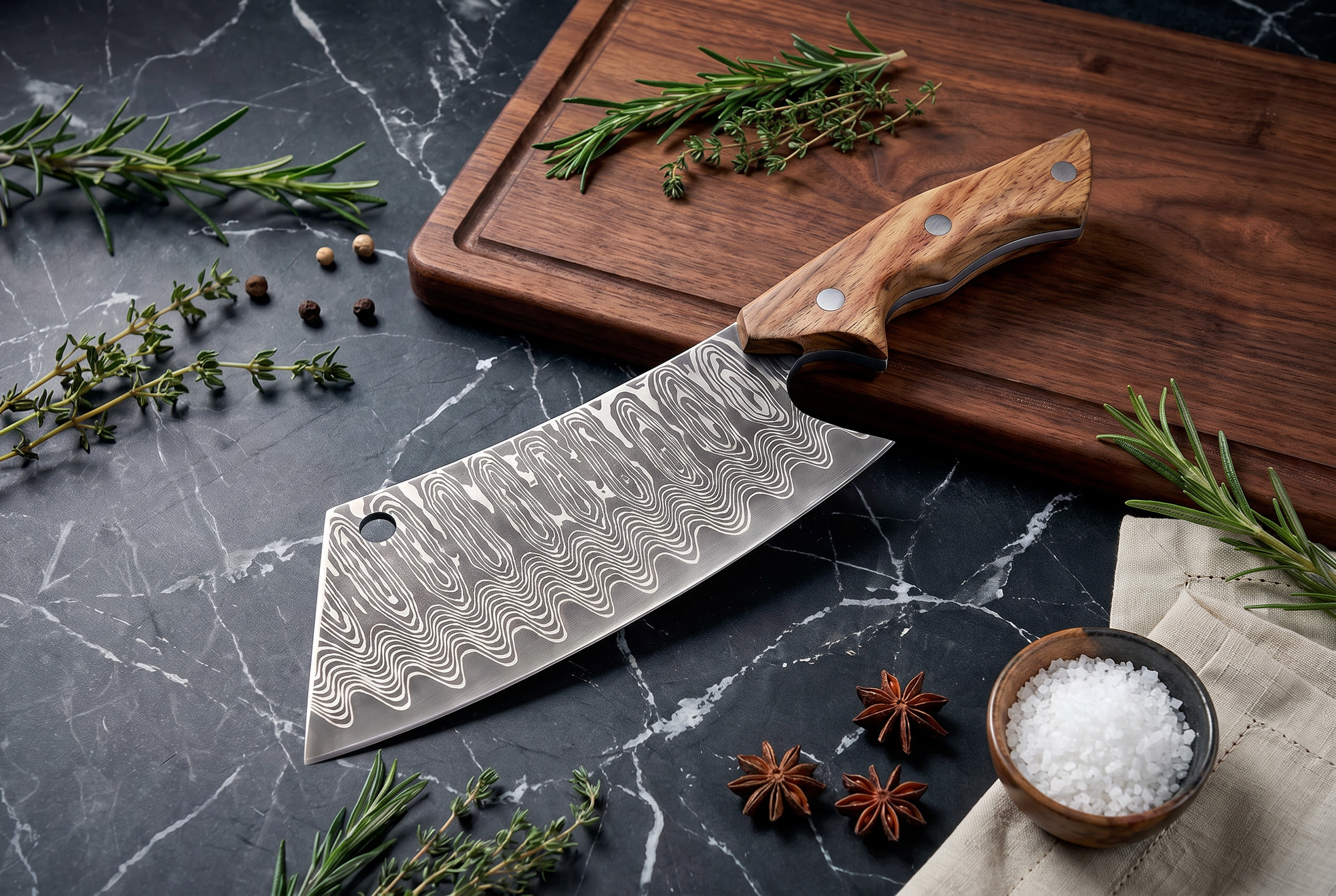 Damascus Meat Cleaver — High Carbon Steel, Oak Handle