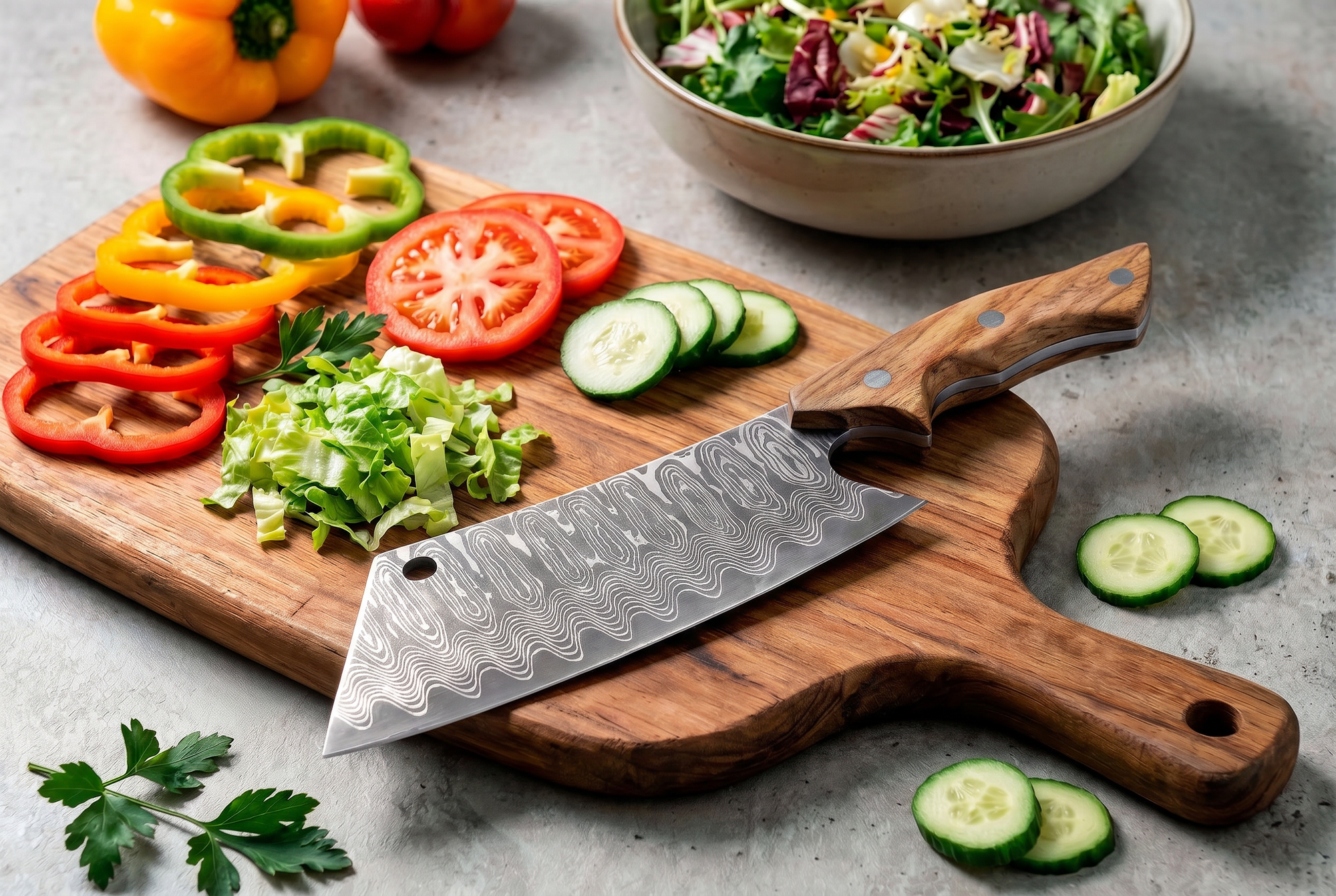 Damascus Meat Cleaver — High Carbon Steel, Oak Handle