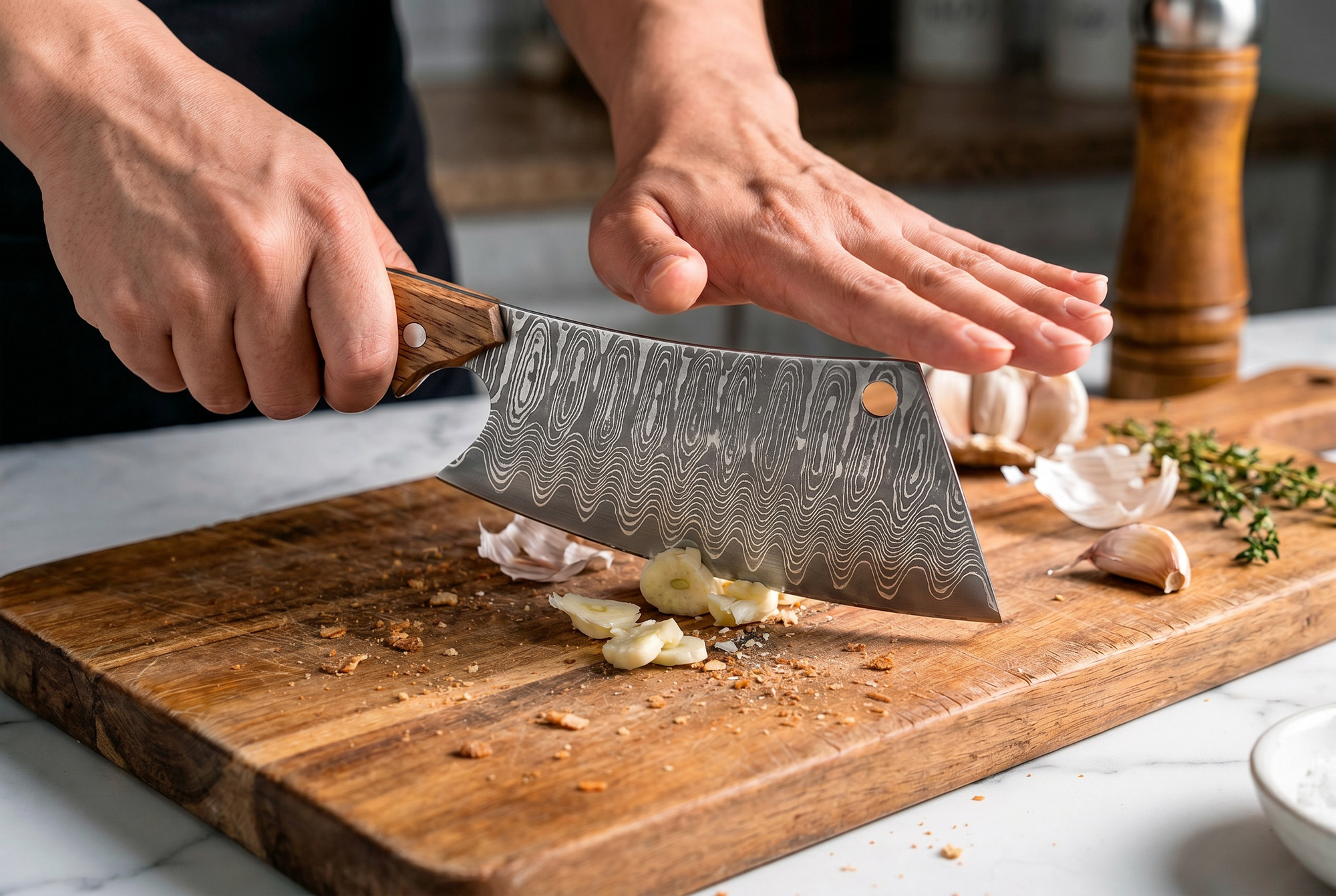Damascus Meat Cleaver — High Carbon Steel, Oak Handle