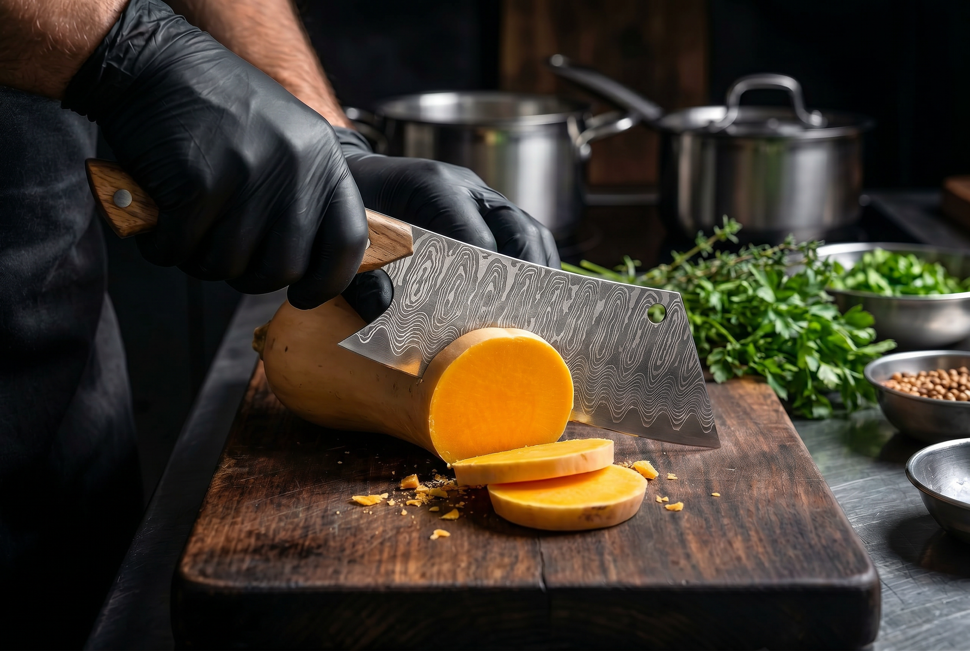 Damascus Meat Cleaver — High Carbon Steel, Oak Handle