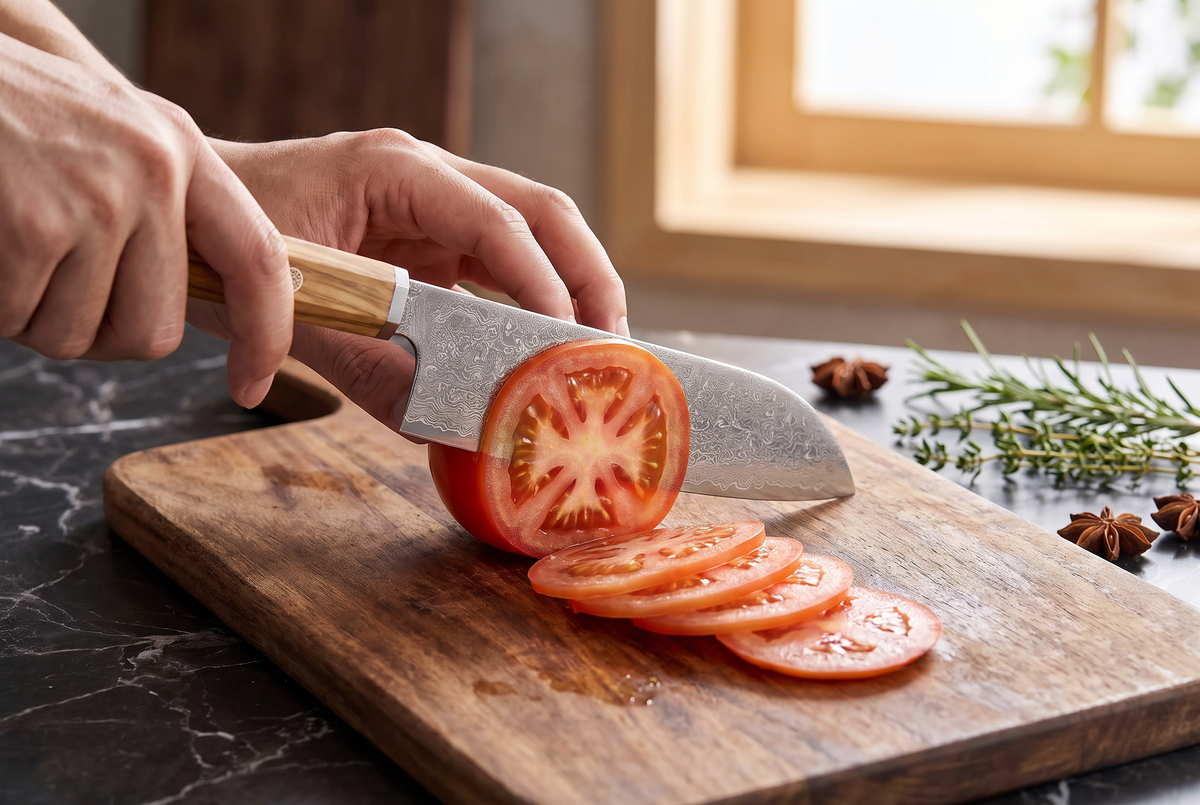 7" Santoku Knife | AUS-10 67-Layer Damascus Steel | Solid Olivewood Handle