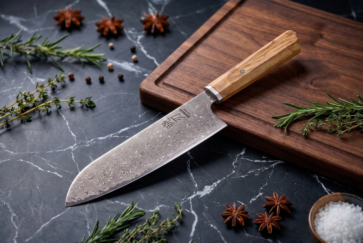 7" Santoku Knife | AUS-10 67-Layer Damascus Steel | Solid Olivewood Handle
