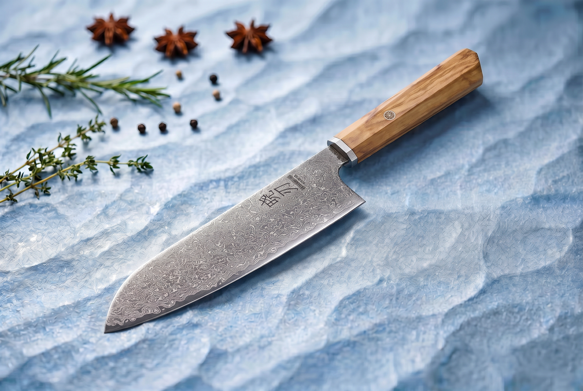 7" Santoku Knife | AUS-10 67-Layer Damascus Steel | Solid Olivewood Handle