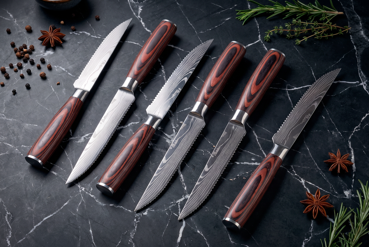 6-Piece Serrated Steak Knife Set | Damascus Pattern Stainless Steel | Wood Handles