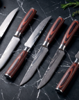 6-Piece Serrated Steak Knife Set | Damascus Pattern Stainless Steel | Wood Handles