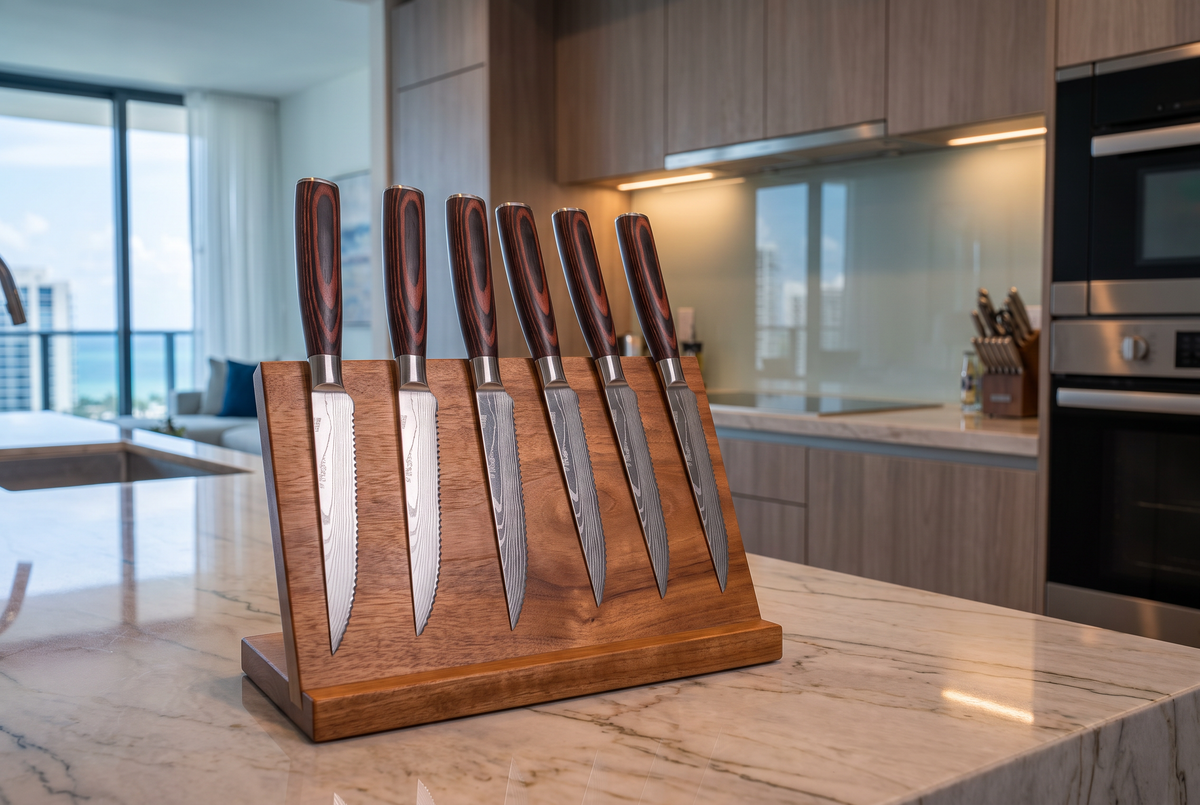 6-Piece Serrated Steak Knife Set | Damascus Pattern Stainless Steel | Wood Handles
