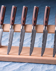6-Piece Serrated Steak Knife Set | Damascus Pattern Stainless Steel | Wood Handles